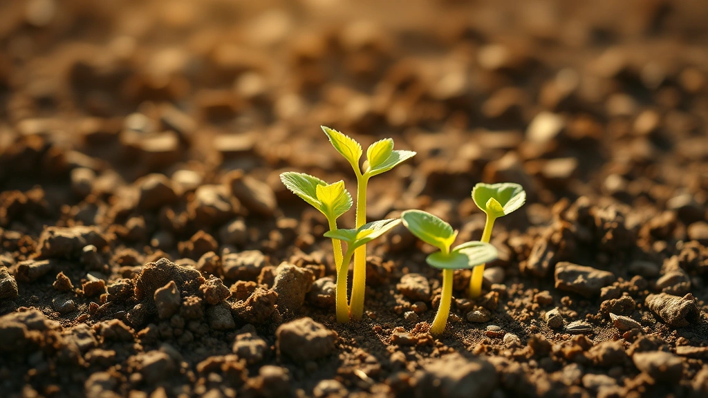 Young sunflower seedlings emerging from rich brown soil, showing first true leaves and delicate green stems in morning sunlight