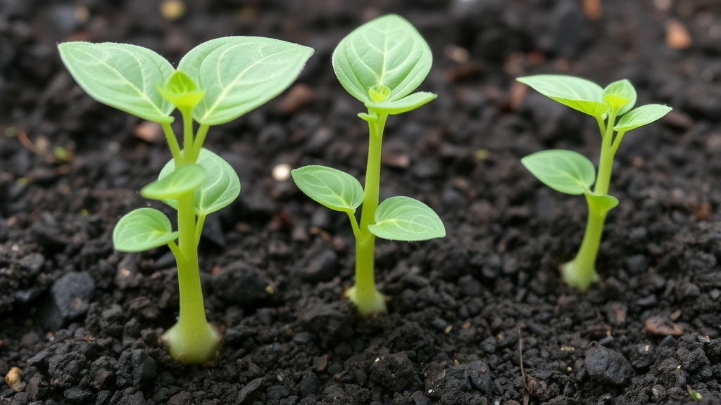 Young sunflower seedlings with true leaves sprouting from rich dark soil with green stems and cotyledons visible