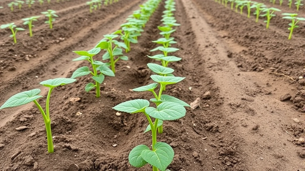 Mature sunflower seedlings at 6 inches tall in garden rows, green stems and leaves, proper spacing visible, morning dew on foliage, garden stakes marking rows
