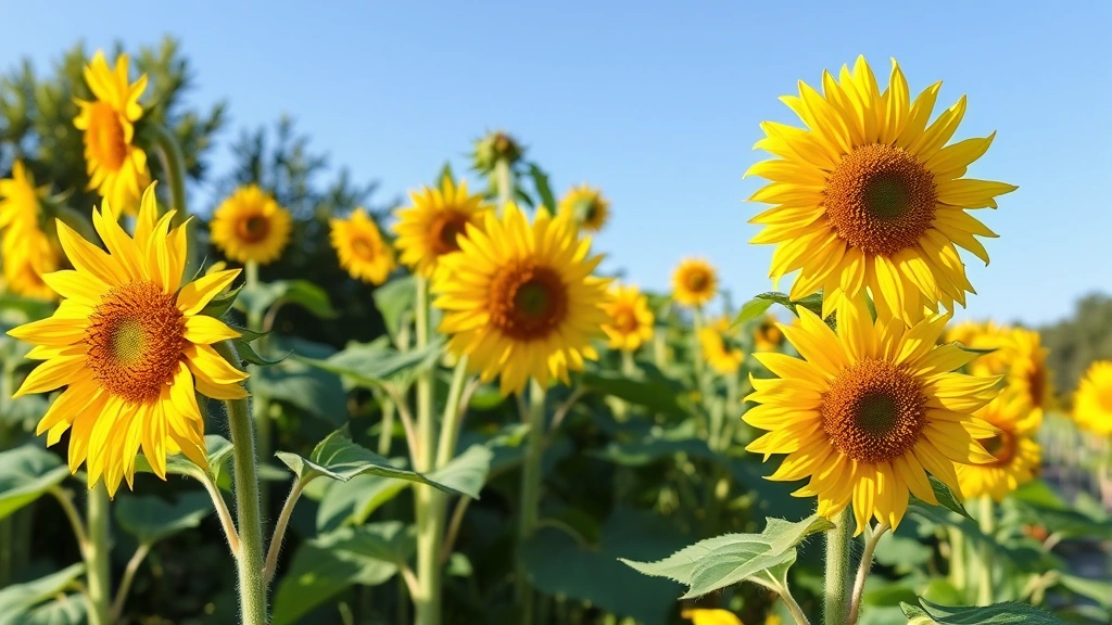 Mature sunflower plants at various growth stages in garden bed, tall yellow blooms facing sun, green foliage visible