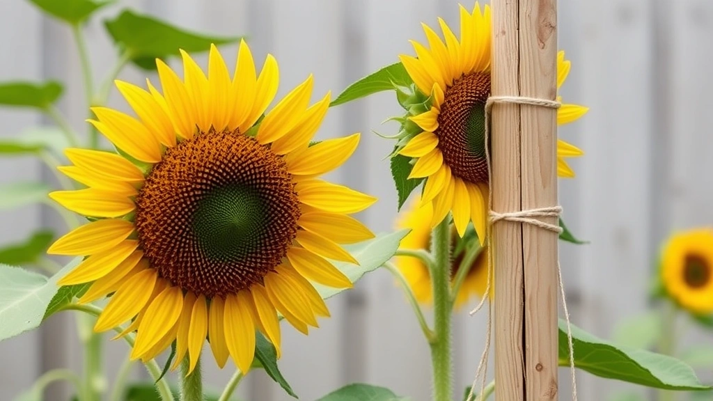 Tall sunflower variety staked with wooden support pole tied with soft garden twine, demonstrating proper staking technique for giant varieties