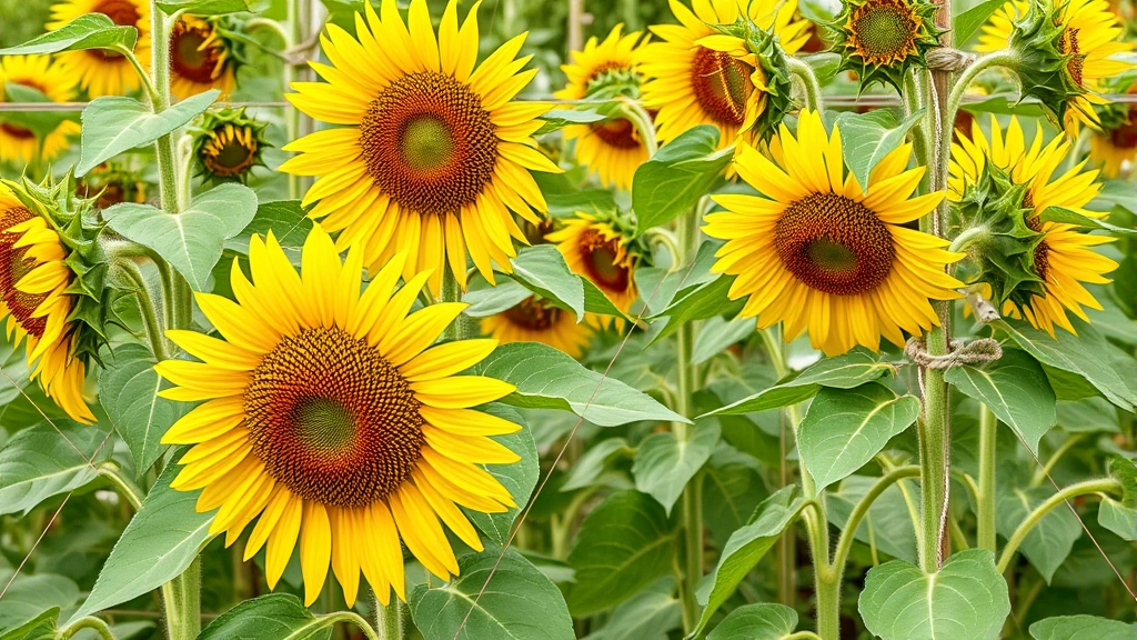 Mature sunflower plants with large yellow blooms and green foliage, showing proper staking and support system with soft twine securing tall stems