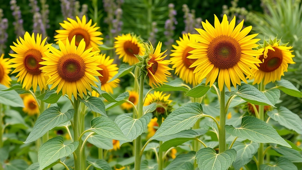 Tall mature sunflower plants in full bloom with large golden-yellow flower heads and green foliage swaying in garden setting