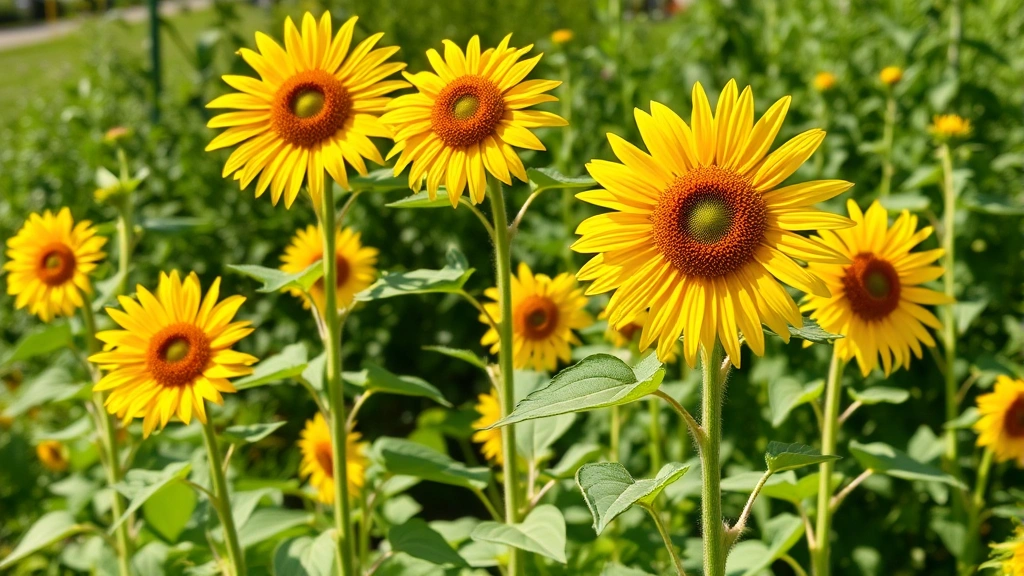 Tall yellow sunflower plants at peak bloom with large flower heads in full sunlight, green foliage visible, mature stage showing proper growth and development in garden setting