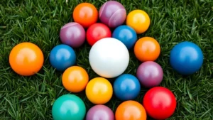 Close-up overhead view of bocce balls in different colors arranged on a grass lawn with a white pallino ball in the center, showing proper game setup for outdoor play
