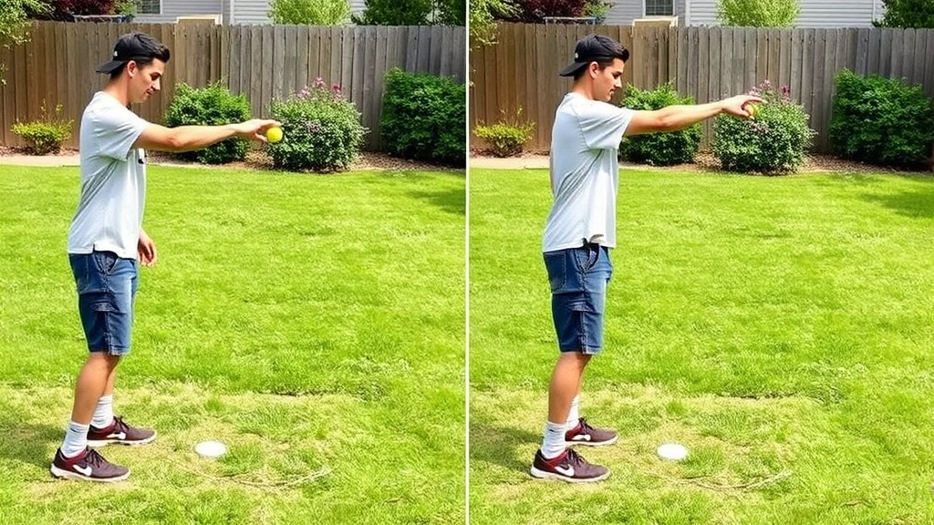 Side profile of a player in casual clothing demonstrating proper underhand bocce ball throwing technique with correct stance and arm position on a backyard grass court