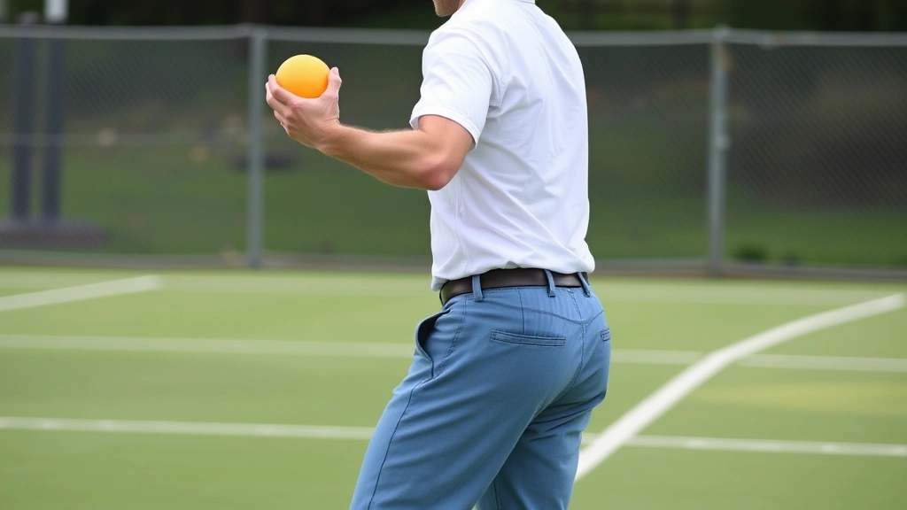 Side view of a player demonstrating proper underhand bocce throwing stance and grip, showing correct body position and arm extension during release, outdoor court background