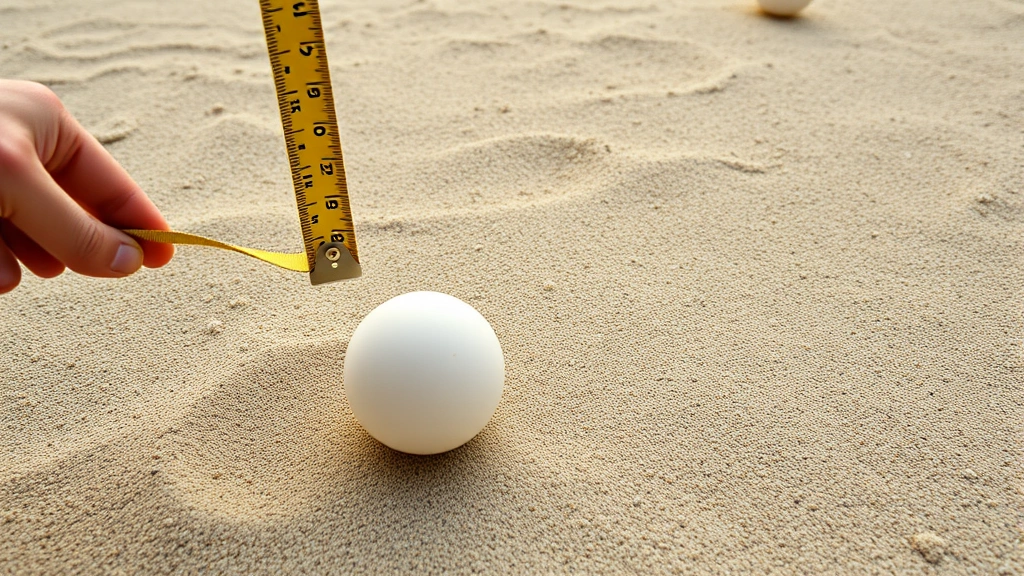 Detailed measurement scene showing a tape measure being used to precisely determine which bocce ball is closest to the pallino, with multiple balls visible at different distances on a sandy court surface