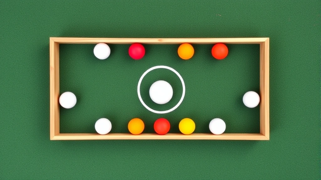 Overhead view of a completed bocce frame with multiple balls of different colors positioned near the white pallino, showing scoring positions and strategic ball placement on court surface