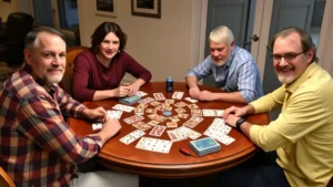 Four people sitting around a table playing card game with multiple decks of cards, cards spread in melds, casual home setting with good lighting and focused faces