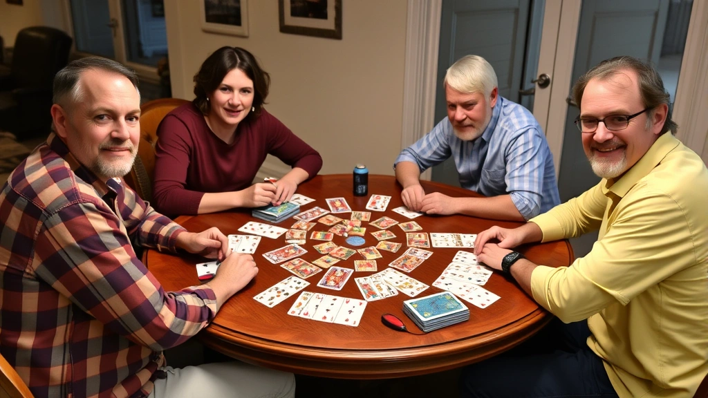 Four people sitting around a table playing card game with multiple decks of cards, cards spread in melds, casual home setting with good lighting and focused faces