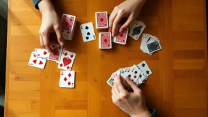 Overhead shot of a canasta card game in progress with two decks of playing cards, red and black card suits visible, natural lighting on wooden table surface, hands of players arranging cards into melds and stacks, no visible text or labels