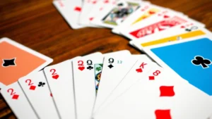 Close-up of colorful card spread showing canasta melds arranged on a wooden table with cards fanned out displaying different ranks and suits