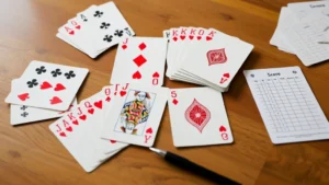 Two decks of standard playing cards with four jokers spread out on a wooden table with a scorepad and pen nearby, ready for canasta