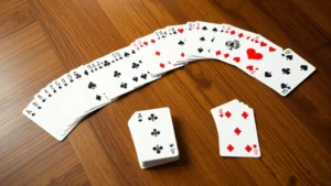 Two decks of playing cards spread out on a wooden table with jokers visible, showing proper canasta card setup with stock pile and discard pile neatly arranged