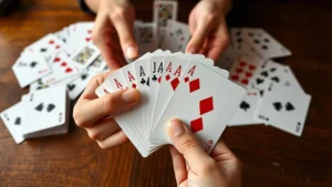 Close-up of hands holding fanned canasta cards with multiple decks spread on wooden game table, showing red and black card suits clearly