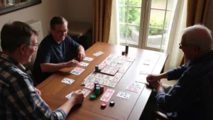 Four players sitting around a table playing cards with multiple meld piles visible, cards organized by rank, chips for scoring, relaxed social game night atmosphere, natural lighting