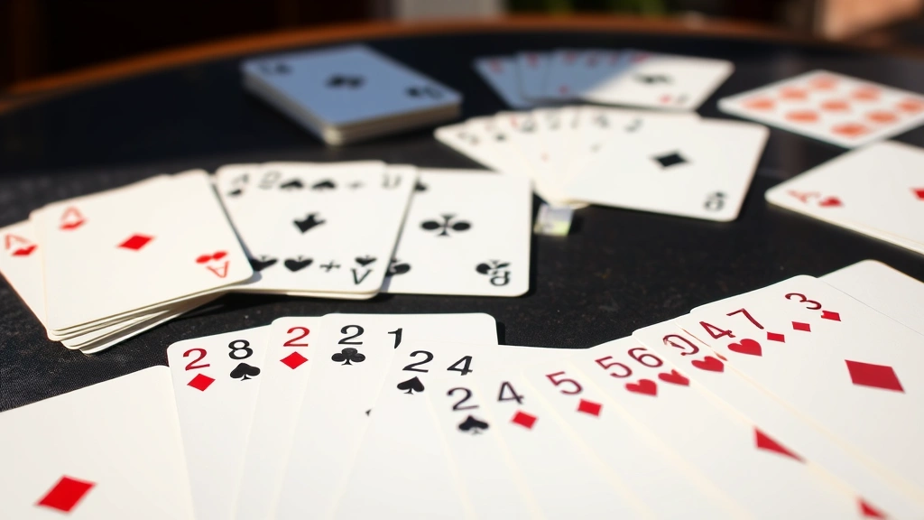 Close-up of canasta card melds arranged on a table showing sets of matching cards and wild cards, natural daylight, clear card visibility with point values visible