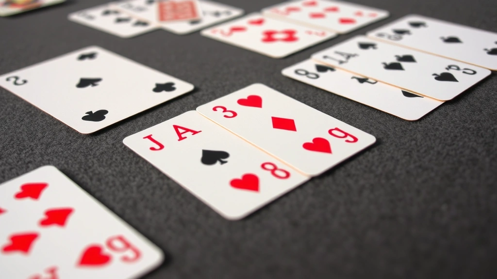 Close-up detail of canasta card melds arranged on a felt game surface, showing three-card combinations of matching ranks, wild cards mixed with natural cards, clear card face visibility, professional card game setup, daylight illumination
