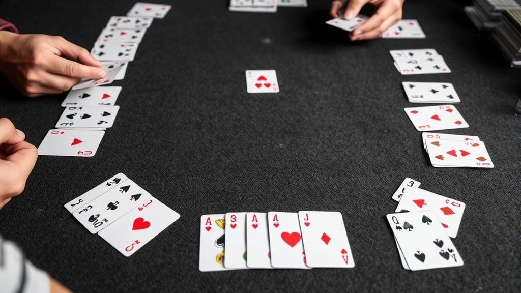 Close-up of a game in progress with melds laid out on felt surface, cards arranged in neat rows, discard pile visible, hands partially visible holding remaining cards
