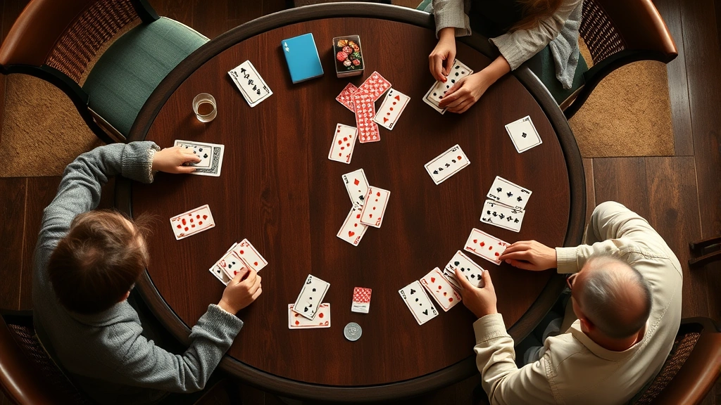 Overhead view of four players sitting around a game table with canasta cards, melds displayed, and a discard pile visible with natural lighting