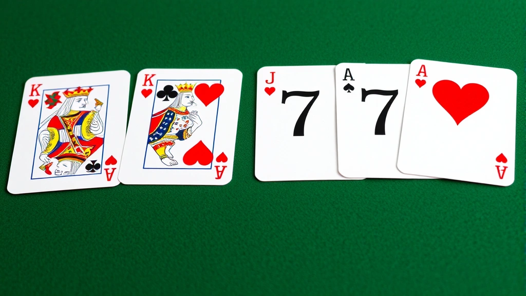 Close-up of organized canasta melds showing three kings, four sevens, and a heart sequence laid face-up on green felt playing surface