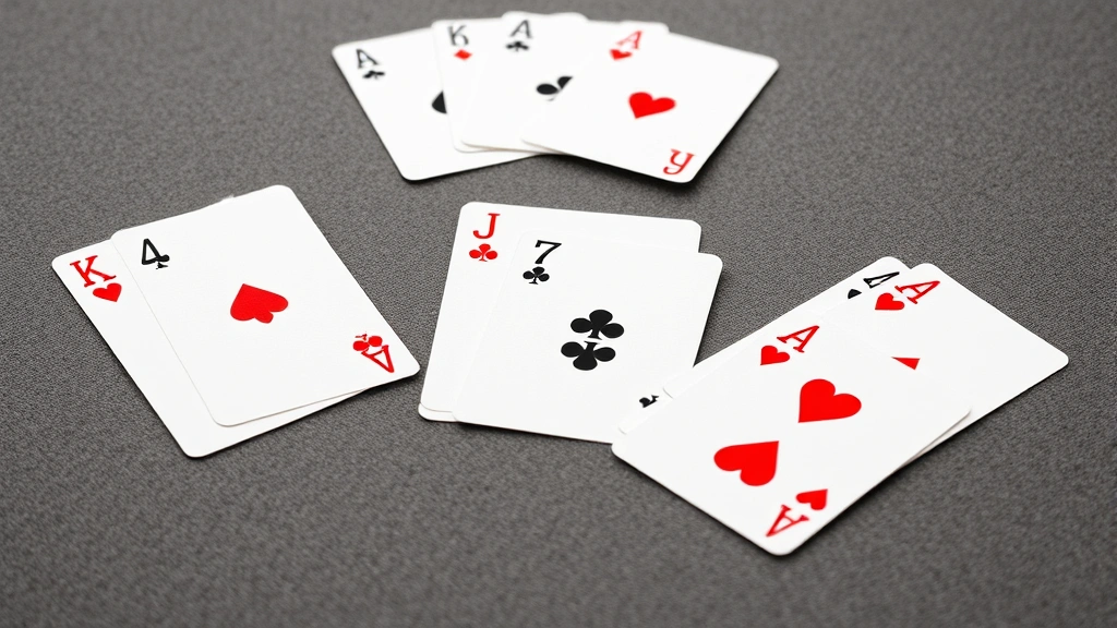Close-up of multiple card melds arranged on a felt game table surface, showing three different meld combinations with natural cards and wild cards properly organized by rank