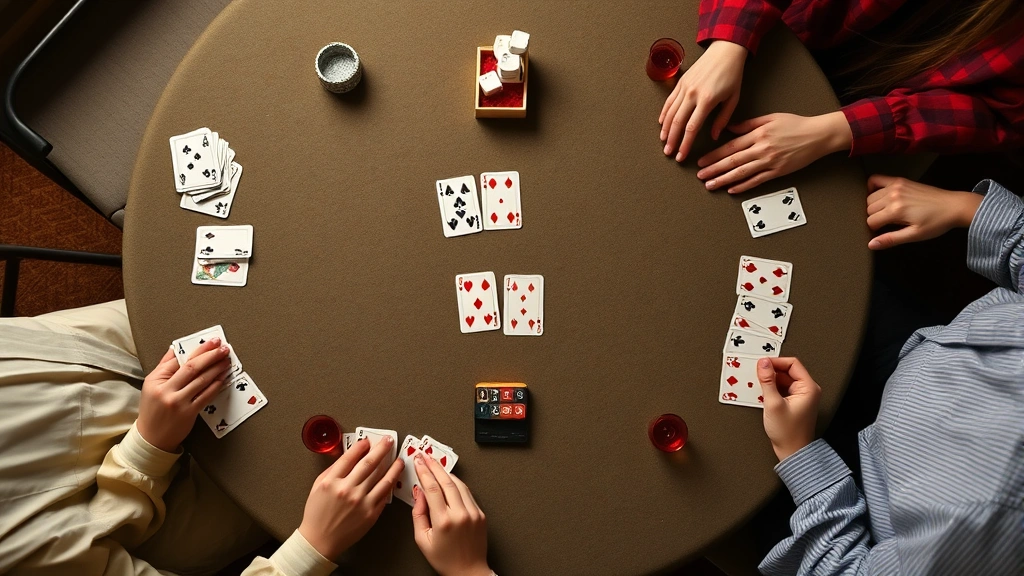 Wide overhead shot of a four-player canasta game in progress with melds arranged on a felt-covered table, stock pile and discard pile visible, players' hands partially shown with cards fanned out