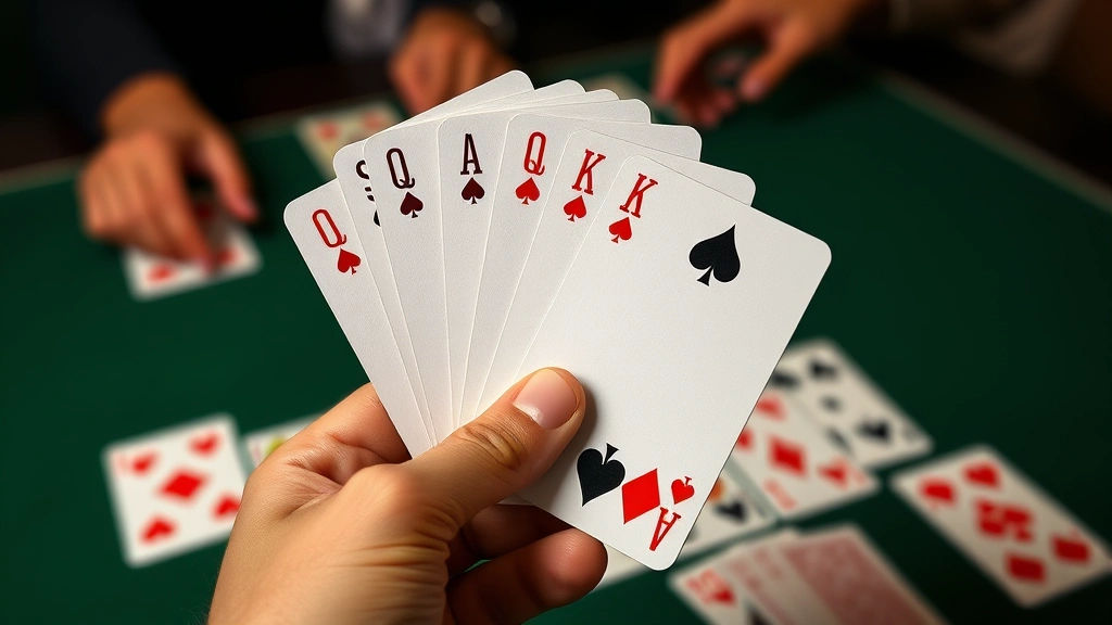 A hand of canasta cards held by a player showing mixed ranks and suits with red and black cards clearly visible, positioned above a table surface with blurred meld formations in background