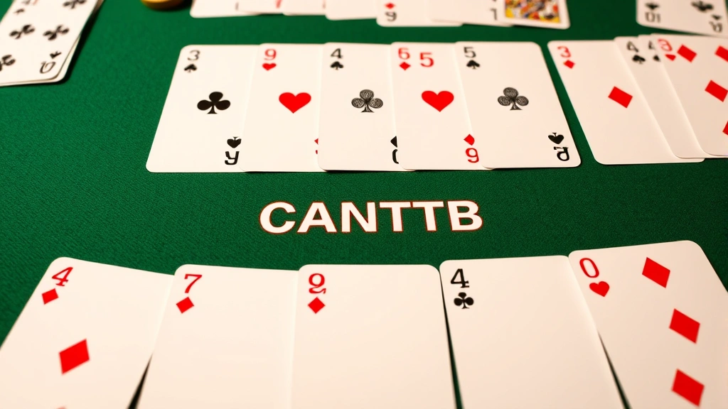 Close-up of canasta melds arranged on table showing seven-card natural canasta, wild cards, and point values clearly displayed without text labels, organized card layout