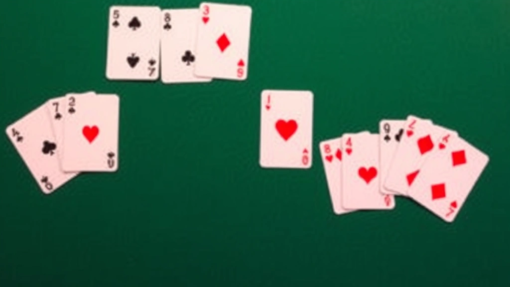 Overhead shot of organized card melds arranged on a felt card table surface, displaying sets of matching cards (three sevens, four eights) with some wild cards substituted, clean and well-lit
