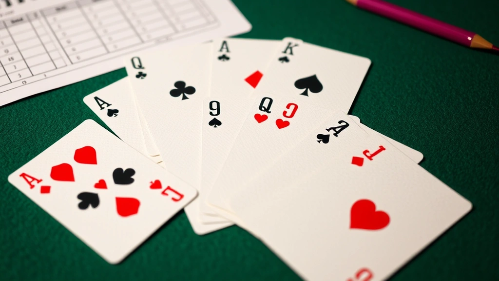 Close-up of a canasta meld displayed on green felt with seven matching cards arranged in a fan pattern, wild cards indicated by positioning, score sheet with pencil visible in background