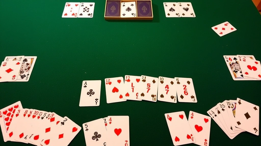 Organized card melds laid out on green felt game table showing natural and mixed canasta combinations with point value cards clearly visible, strategic gameplay arrangement