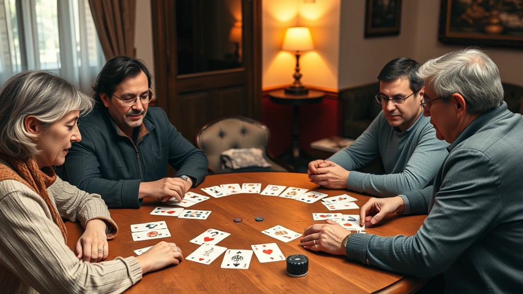 Four people sitting around a round table playing canasta, cards spread in front of each player, focused expressions, warm indoor lighting, cards and chips visible on table surface, no visible text