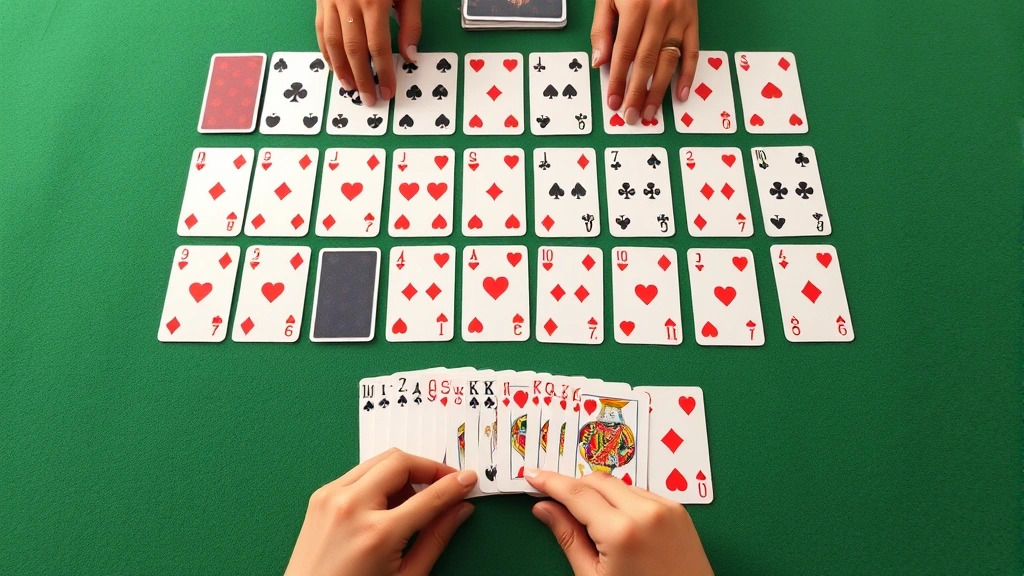 Hands arranging colorful playing cards in organized rows by rank on felt card table surface, demonstrating proper card organization and meld grouping