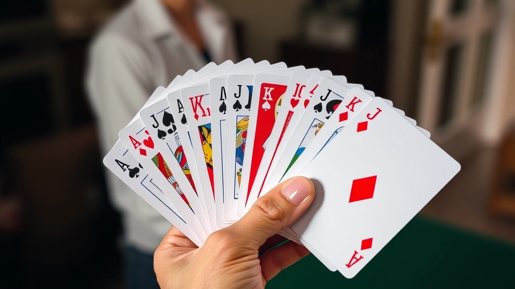 Player's hand holding various cards fanned out, showing mix of regular cards and wild cards, strategic hand arrangement, natural indoor lighting, focused composition