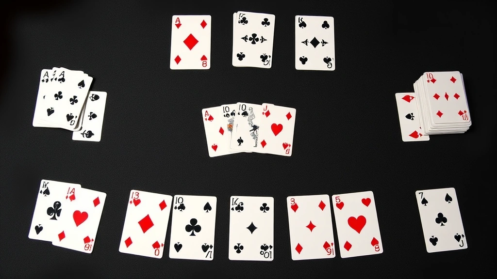 Completed canasta game layout with multiple melds displayed, seven-card canasta meld prominently featured, discard pile visible, stock pile in center, realistic card game table setup with felt surface