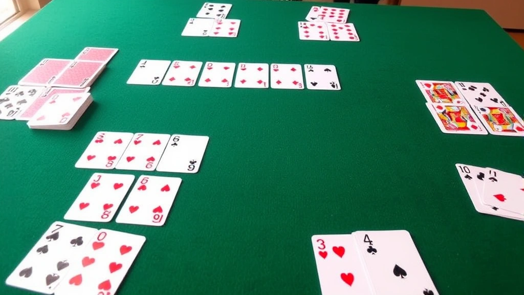 Canasta melds laid out on green felt table surface showing sequences and sets of cards arranged in rows with point values visible