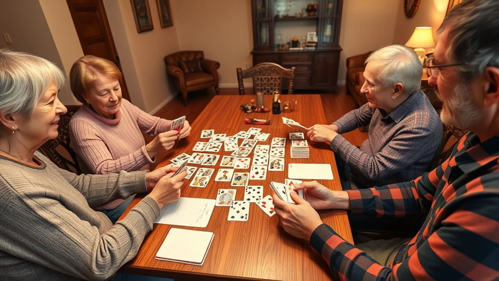 Wide angle of family game night scene with four players seated around a table playing canasta, cards fanned in hands, discard pile and stock pile visible, score pad on table, casual home environment, warm indoor lighting, no identifiable faces clearly visible