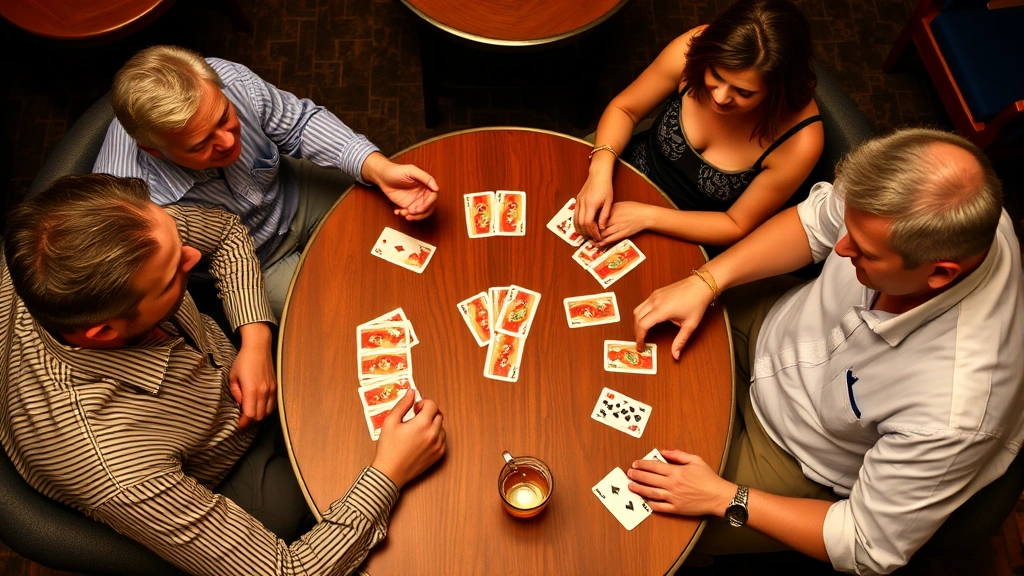 Four players seated around a table during active canasta game, cards visible in hands and melds on table surface, relaxed social atmosphere with beverages nearby, overhead perspective