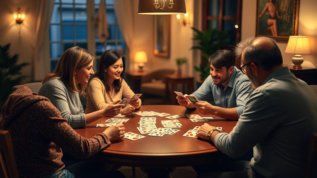 Family game night scene with four people sitting around a table playing canasta, cards in hand and melds visible, warm indoor lighting showing active gameplay and engagement