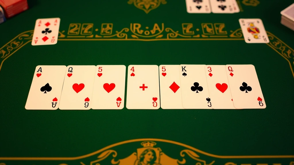Detail shot of canasta meld with seven matching cards arranged in a row on game table, demonstrating completed natural canasta formation