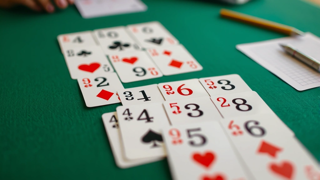 Detail shot of completed canasta melds displayed in rows on a game table, showing seven or more matching rank cards arranged neatly, with score sheet and pencil visible in soft focus background