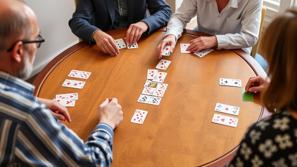 Four players seated around a game table with melds arranged in organized rows, one player discarding a card onto a visible discard pile, card backs and natural playing surface in sharp focus