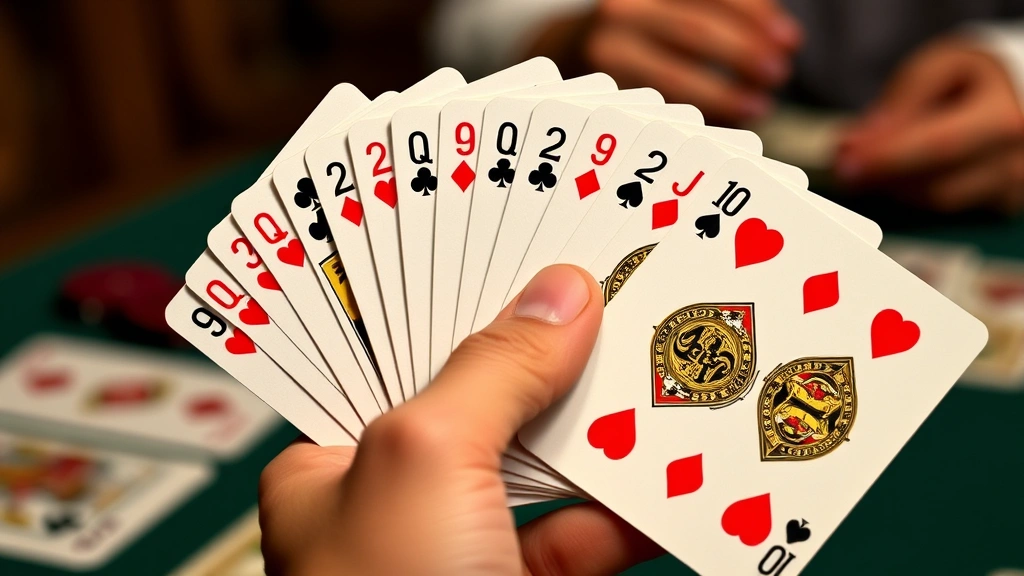 Hand holding fanned canasta cards showing variety of ranks and wild cards, player making strategic decision about which cards to meld or discard, focused gameplay moment