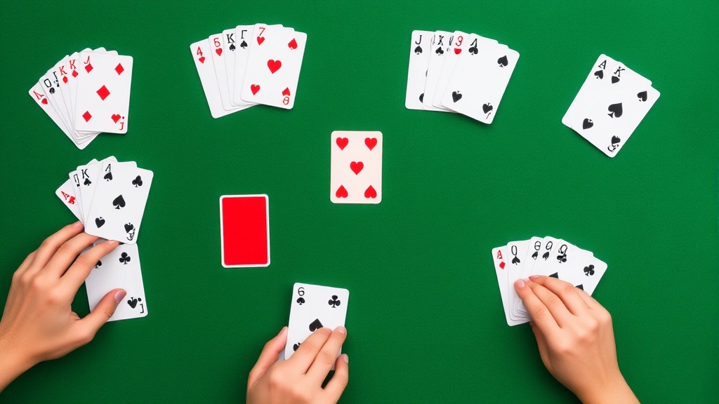 Multiple card melds arranged on green felt surface showing different meld types, red three cards placed separately, natural cards and wild cards distinguished by position, hands adding cards to existing melds