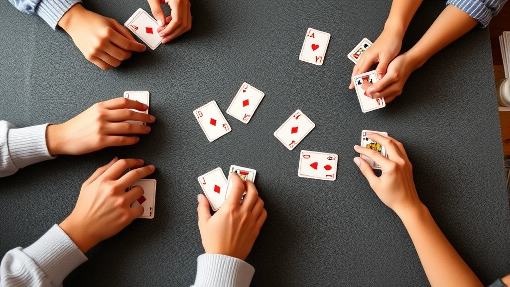 Hands of players arranging cards during canasta game on felt surface, showing active gameplay, card sorting, and strategic hand management during a family game session