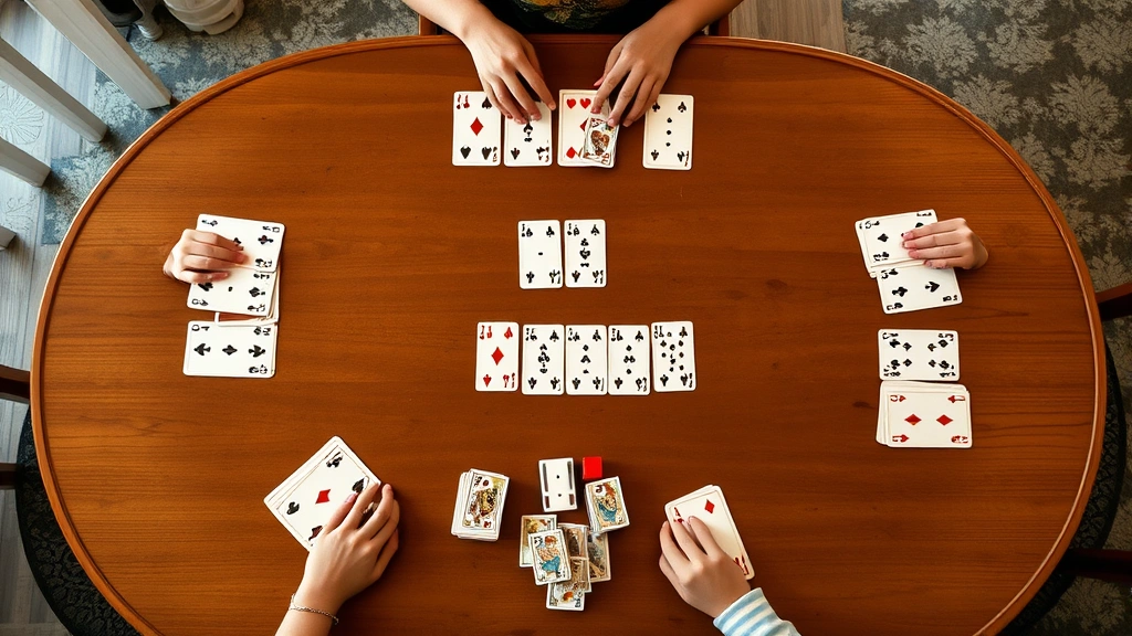 Wide shot of canasta game in progress on dining table with four hands of organized cards, discard pile, stock pile, and completed melds visible from above