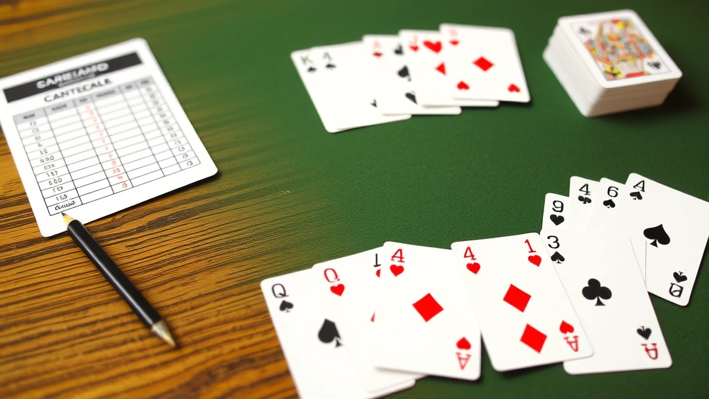 Scorecard and pencil next to an active canasta game with cards arranged by rank, red threes separated, stock pile and discard pile positioned, focused gameplay setup
