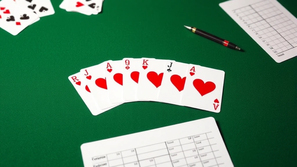 Completed canasta meld of seven hearts fanned out on green felt game table with score sheet and pencil nearby, showing successful seven-card combination
